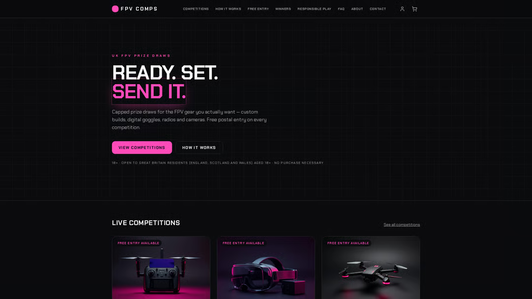 FPV Comps website concept with black background, magenta accents, subtle grid and drone product imagery