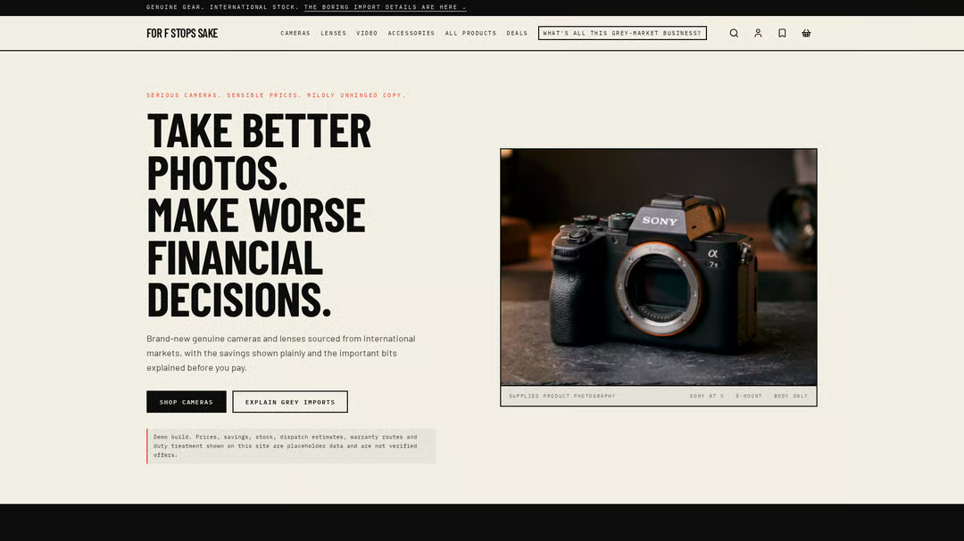 For F Stops Sake camera shop concept with cream background, bold condensed headline and product photography