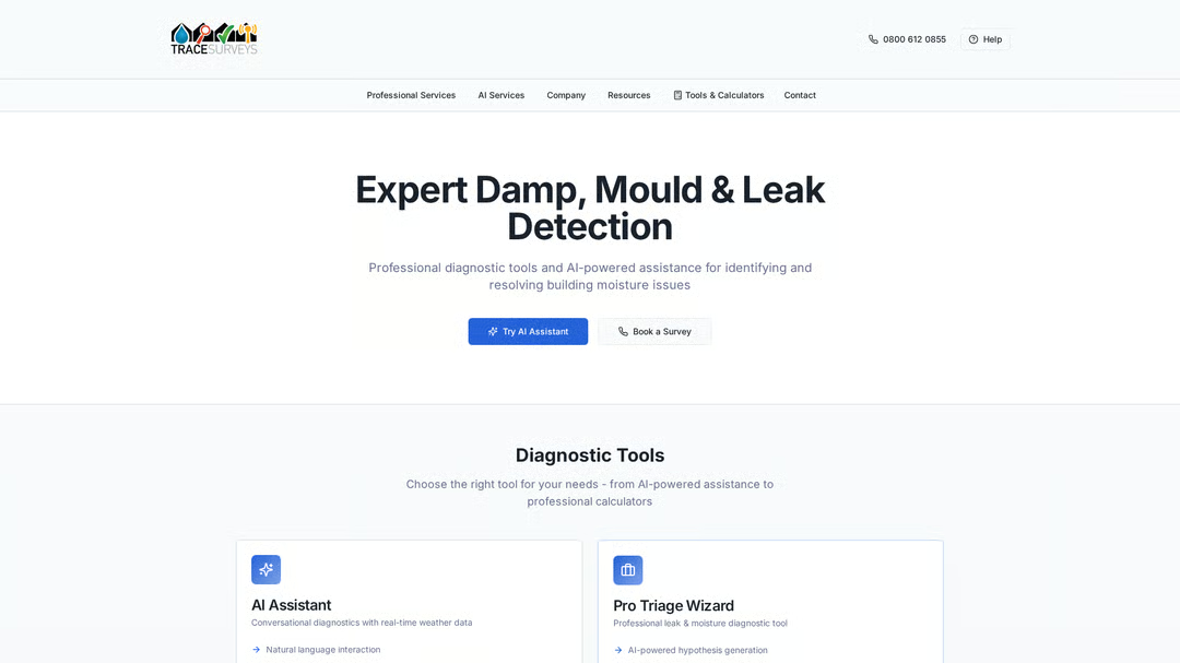 Trace Condensation homepage with diagnostic tools and a Glaser calculator